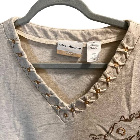 Alfred Dunner Beaded V-Neck Seahorse Top Plus Size 3X Cream Cotton Blend - Picture 2 of 12